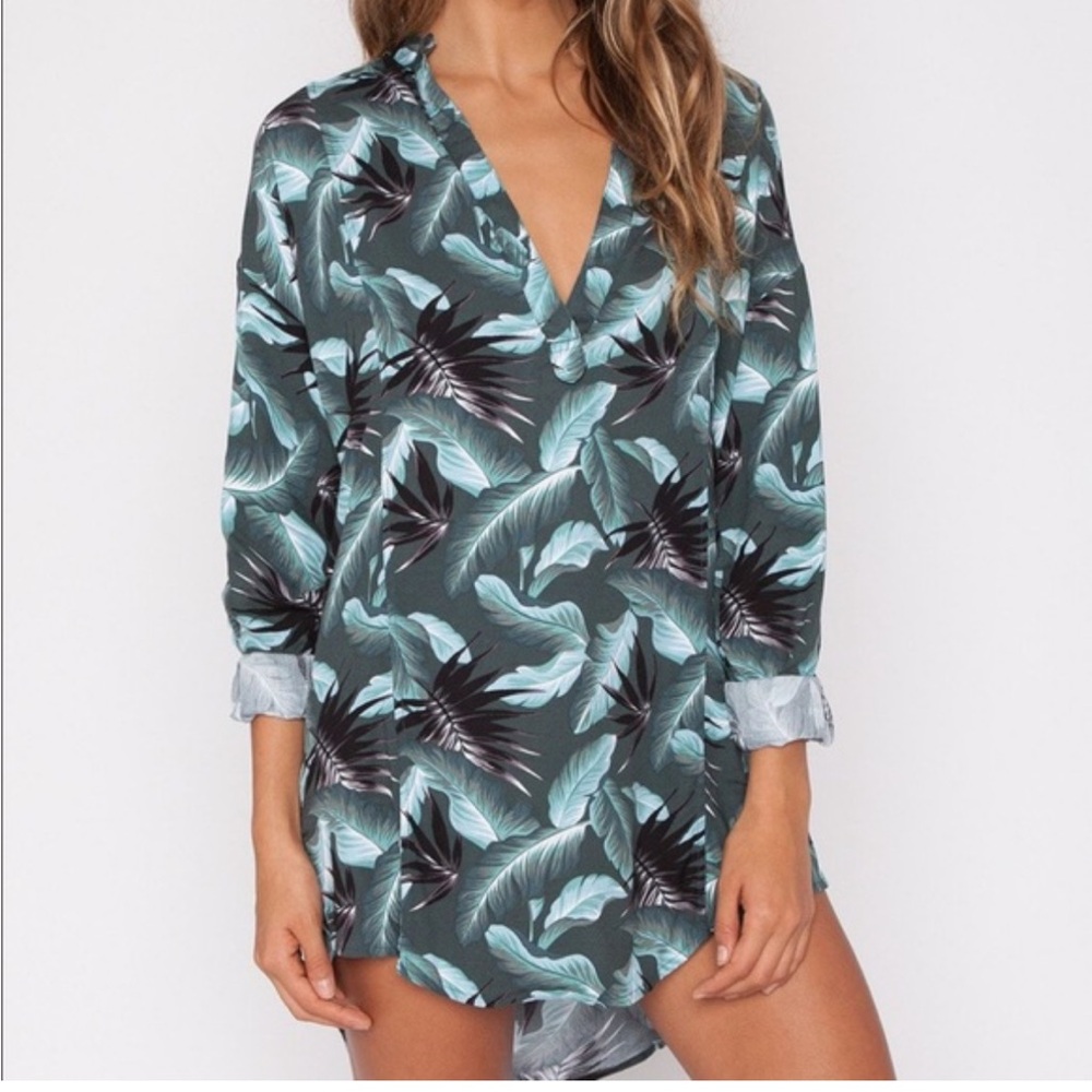 MIKOH HAWAIIAN CANNES V NECK LONG SLEEVE  TUNIC BEACH SWIM COVERUP SIZE 1 SMALL